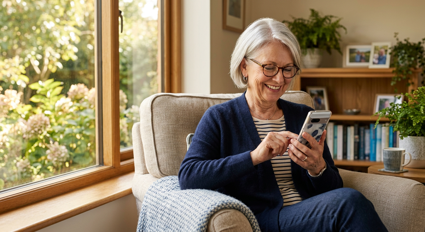 A smiling woman with silver hair adjusting settings on her smartphone by a sunny window