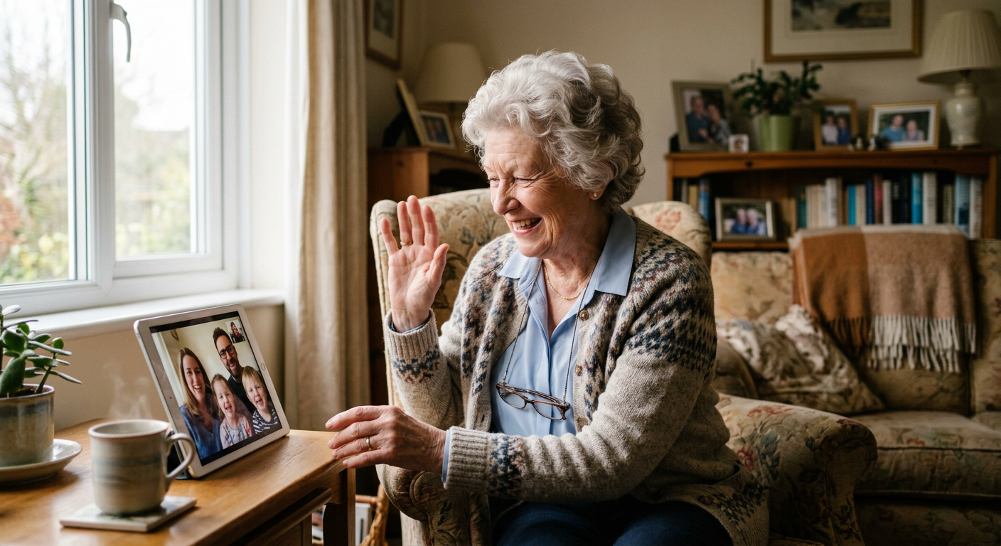 A grandmother smiling and waving at a tablet during a video call